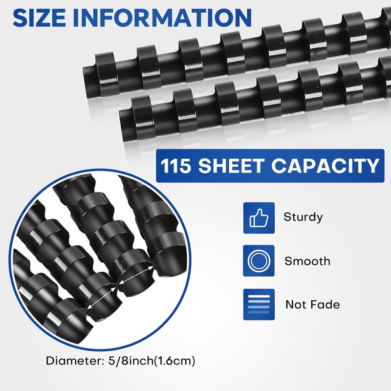 MYFULLY 100 Pack 21 Ring Plastic Comb Binding Spines | 5/8 Inch Diameter, 115 Sheet Capacity, A4, Black Binding Comb (5/8"(115 Sheet Capacity)) - Image 2